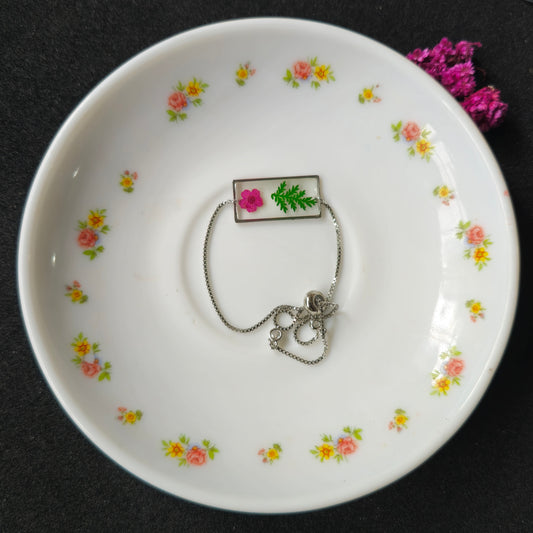 Tiny Pink Flower & Green Leaf Resin Jewelry Bracelet