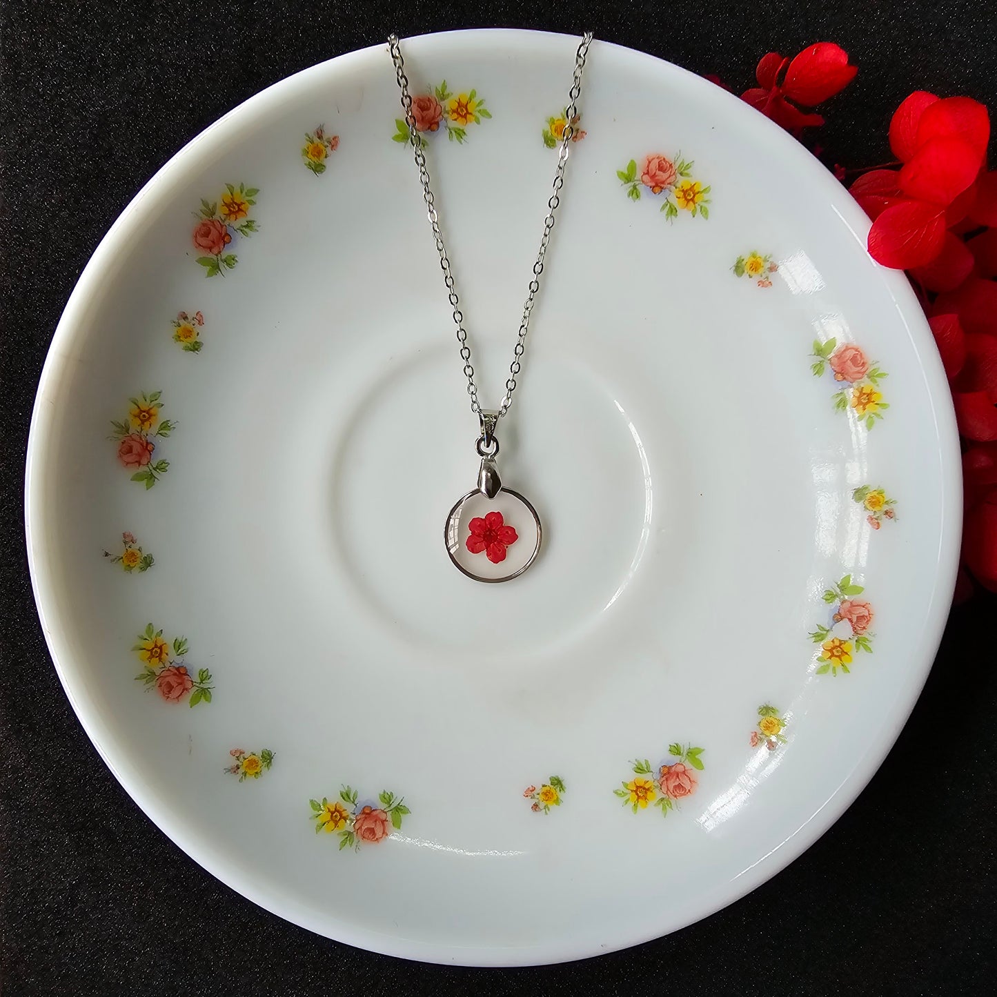 Tiny Red Flower Pendant - Delicate Floral Charm