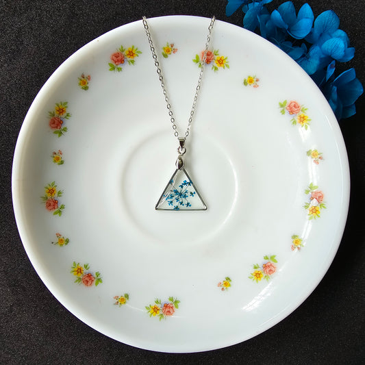 Queen Anne's Lace Triangle Pendant - Blue Floral Grace