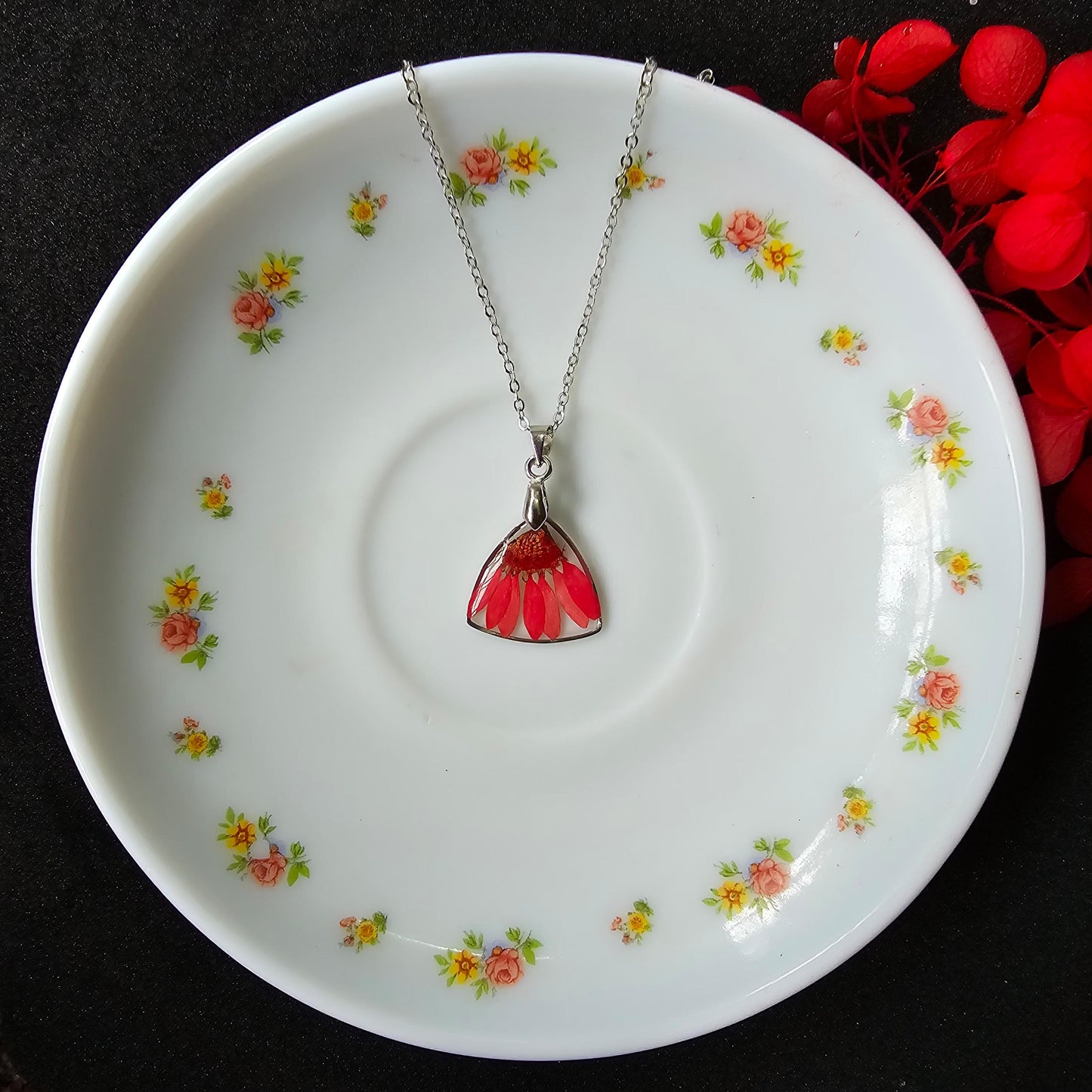 Red Daisy Triangle Resin Pendant Necklace