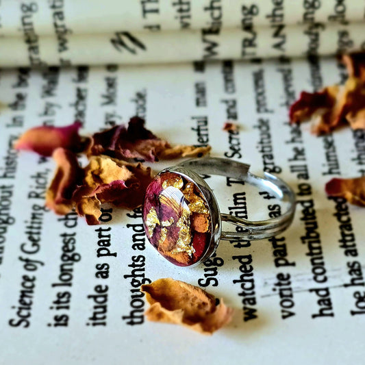 Luxe Rose Petal Resin Ring with Silver Band & Gold Flecks